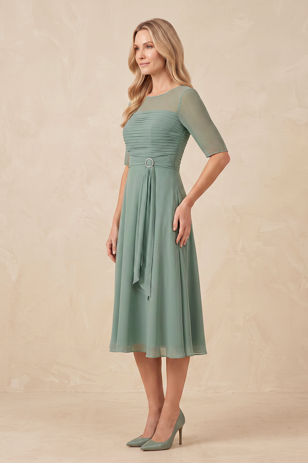 Sea Glass Illusion Neck A-Line Chiffon Pleated Mother of the Bride Dress with Sleeves (3) | KISSBRIDAL