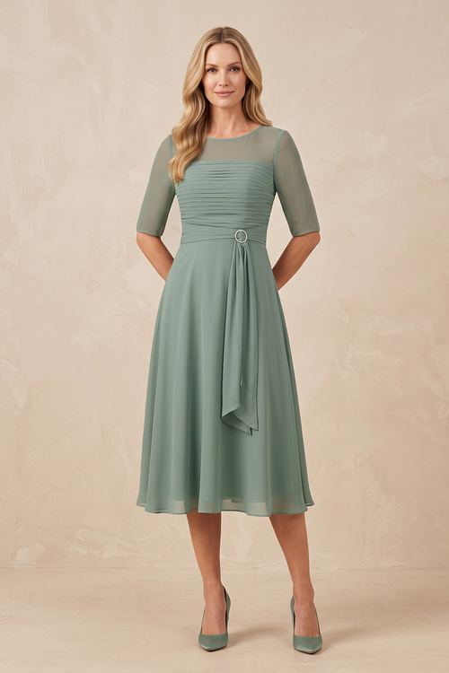 Sea Glass Illusion Neck A-Line Chiffon Pleated Mother of the Bride Dress with Sleeves | KISSBRIDAL