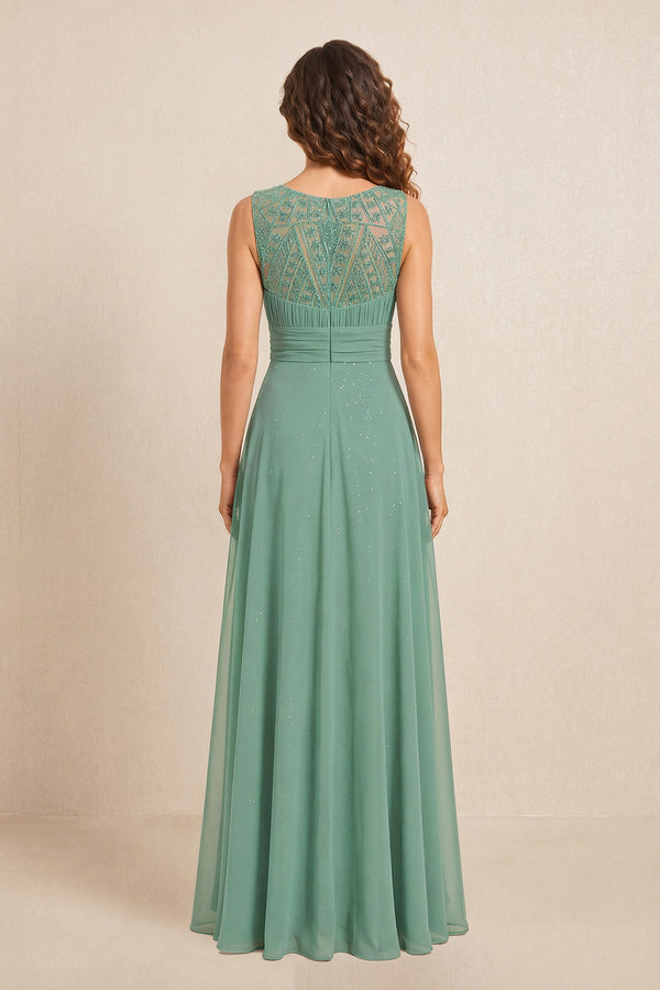 Sea Glass Illusion Neck A-Line Satin Embroidered Pleated Mother of the Bride Dress (2) | KISSBRIDAL