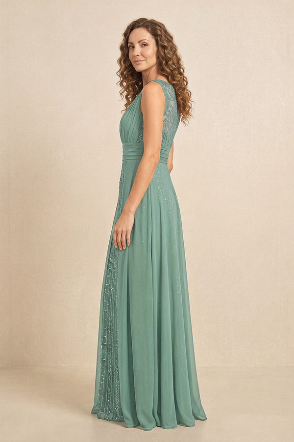 Sea Glass Illusion Neck A-Line Satin Embroidered Pleated Mother of the Bride Dress (3) | KISSBRIDAL