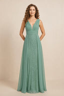 Sea Glass Illusion Neck A-Line Satin Embroidered Pleated Mother of the Bride Dress | KISSBRIDAL