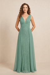 Sea Glass Illusion Neck A-Line Satin Embroidered Pleated Mother of the Bride Dress | KISSBRIDAL