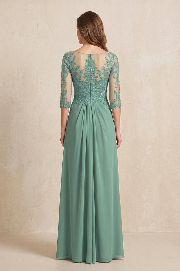 Sea Glass Illusion Neck Sheath Embroidered Chiffon Mother of the Bride Dress with Half Sleeves (2) | KISSBRIDAL