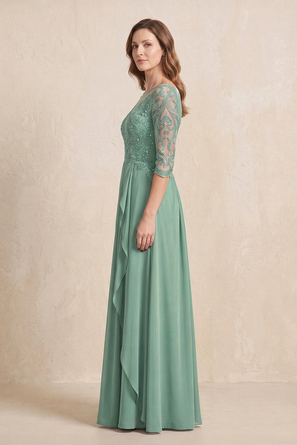Sea Glass Illusion Neck Sheath Embroidered Chiffon Mother of the Bride Dress with Half Sleeves (3) | KISSBRIDAL