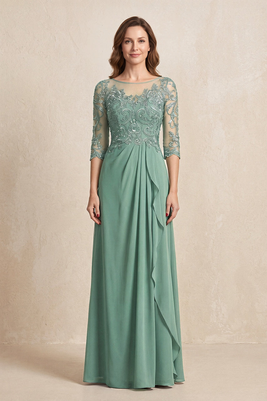 Sea Glass Illusion Neck Sheath Embroidered Chiffon Mother of the Bride Dress with Half Sleeves
