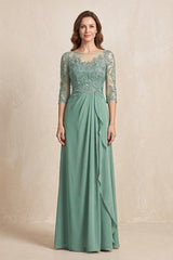 Sea Glass Illusion Neck Sheath Embroidered Chiffon Mother of the Bride Dress with Half Sleeves | KISSBRIDAL
