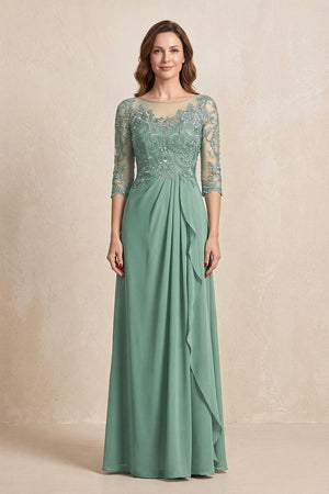 Sea Glass Illusion Neck Sheath Embroidered Chiffon Mother of the Bride Dress with Half Sleeves | KISSBRIDAL