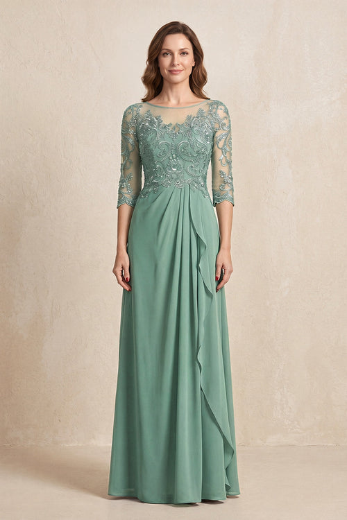 Sea Glass Illusion Neck Sheath Embroidered Chiffon Mother of the Bride Dress with Half Sleeves | KISSBRIDAL