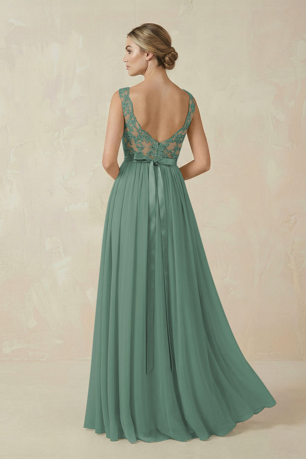 Sea Glass Lace A-Line Bateau Neck Chiffon Long Bridesmaid Dress (2) | KISSBRIDAL