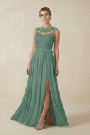 Sea Glass Lace A-Line Bateau Neck Chiffon Long Bridesmaid Dress | KISSBRIDAL
