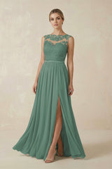Sea Glass Lace A-Line Bateau Neck Chiffon Long Bridesmaid Dress | KISSBRIDAL