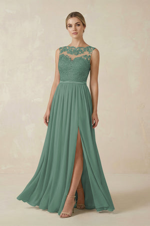 Sea Glass Lace A-Line Bateau Neck Chiffon Long Bridesmaid Dress | KISSBRIDAL