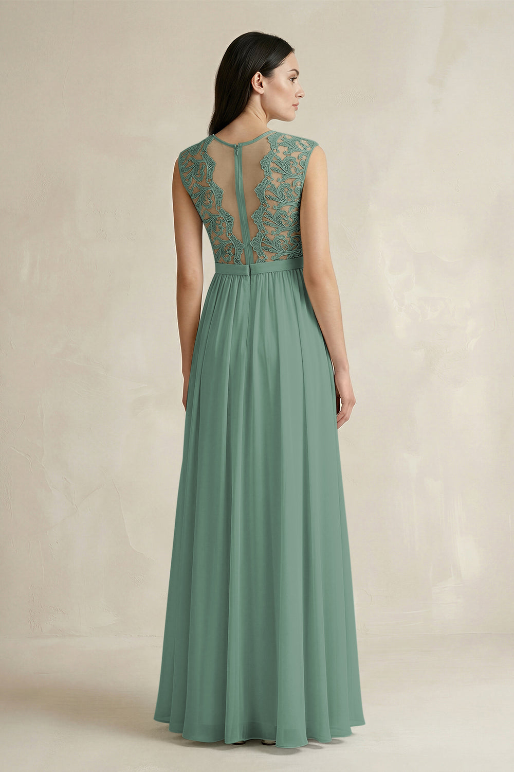 Lace Chiffon A-Line Round Neck Bridesmaid Dress in Sea Glass