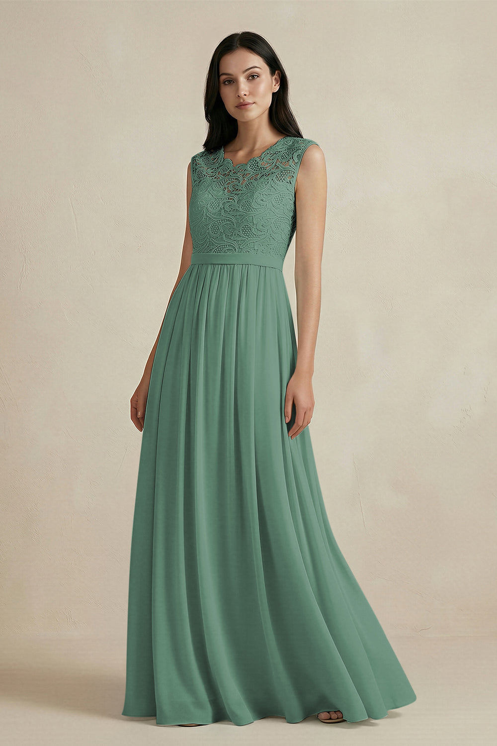 Lace Chiffon A-Line Round Neck Bridesmaid Dress in Sea Glass