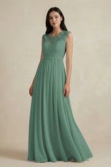 Sea Glass Lace Chiffon A-Line Round Neck Bridesmaid Dress | KISSBRIDAL