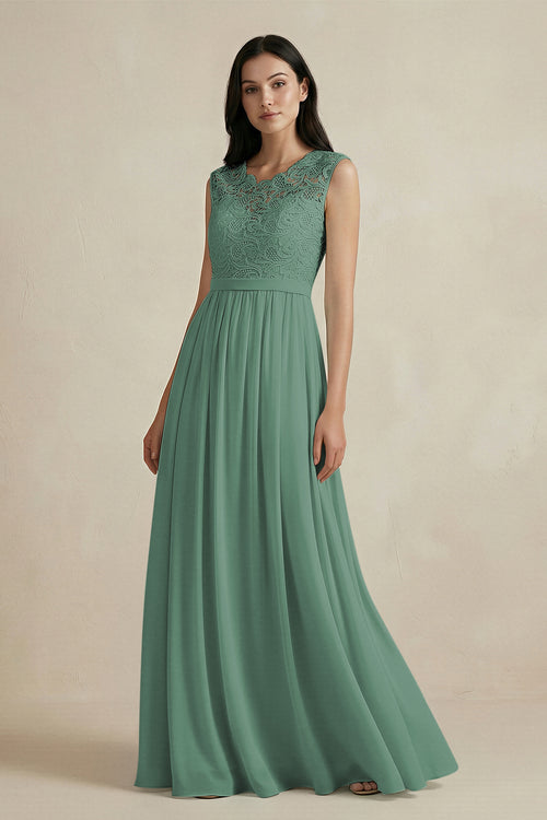 Sea Glass Lace Chiffon A-Line Round Neck Bridesmaid Dress | KISSBRIDAL