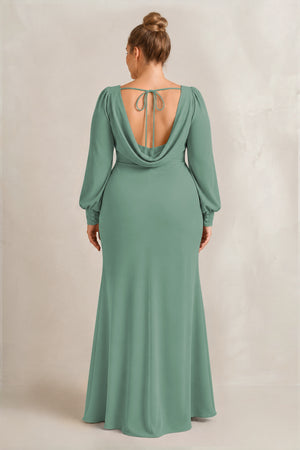 Sea Glass Long Sleeve V-Neck Sheath Chiffon Bridesmaid Dress (2) [sizeplus] | KISSBRIDAL