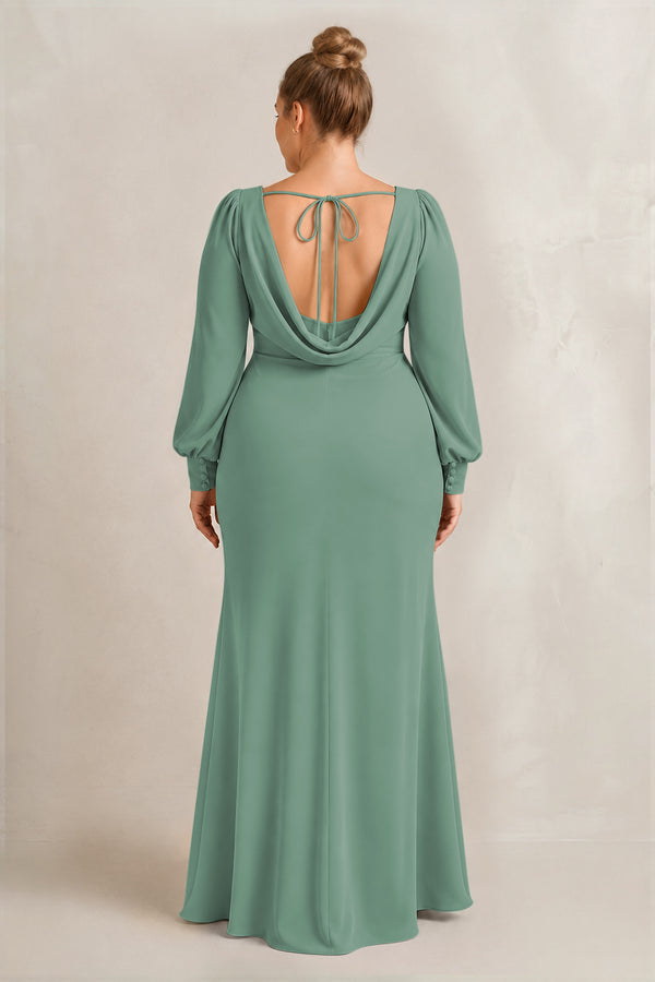Sea Glass Long Sleeve V-Neck Sheath Chiffon Bridesmaid Dress (2) [sizeplus] | KISSBRIDAL