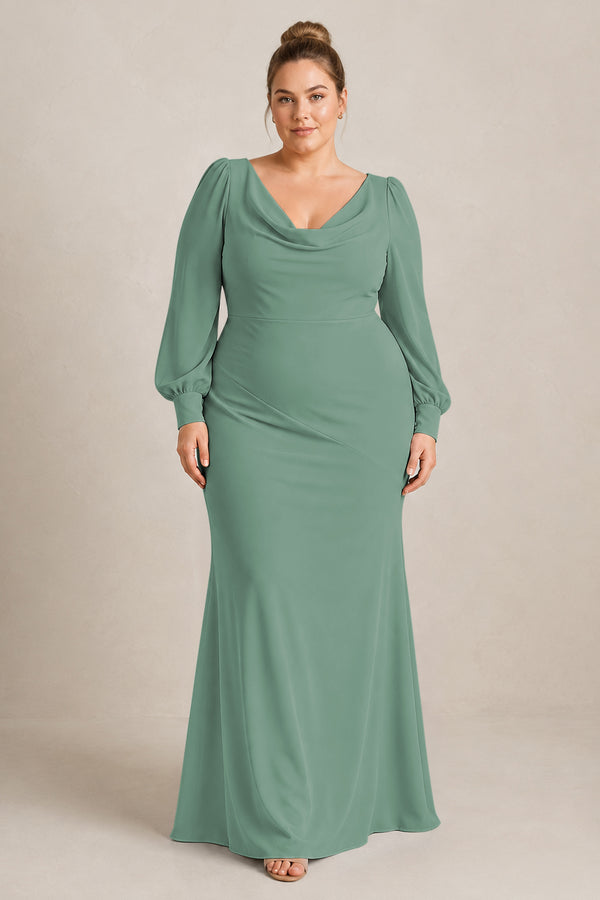 Sea Glass Long Sleeve V-Neck Sheath Chiffon Bridesmaid Dress [sizeplus] | KISSBRIDAL