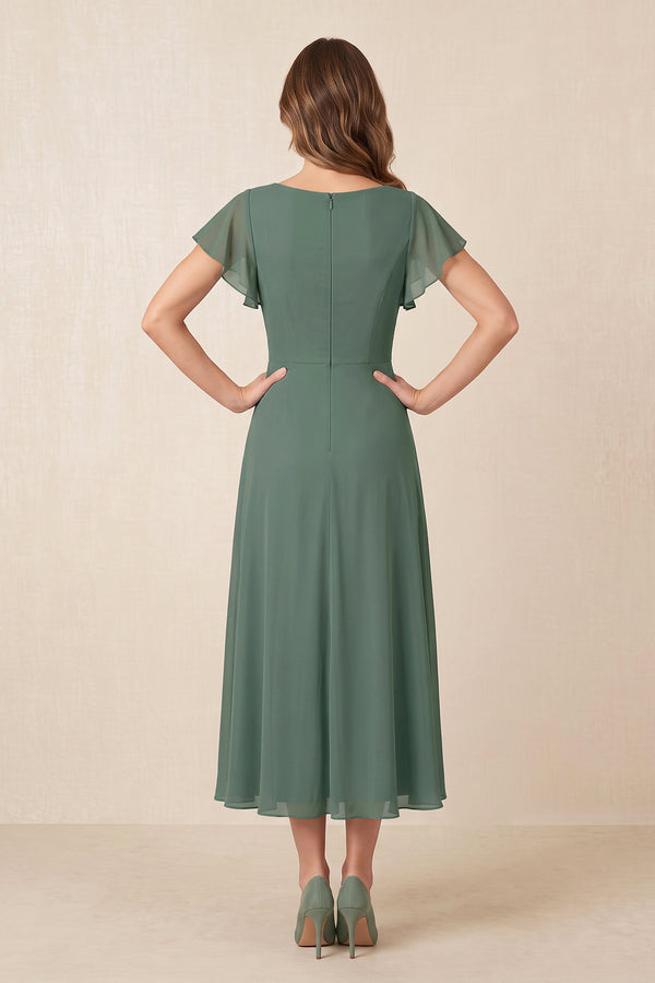 Sea Glass Mesh A-Line V-Neck Pleated Mother of the Bride Dress (2) | KISSBRIDAL