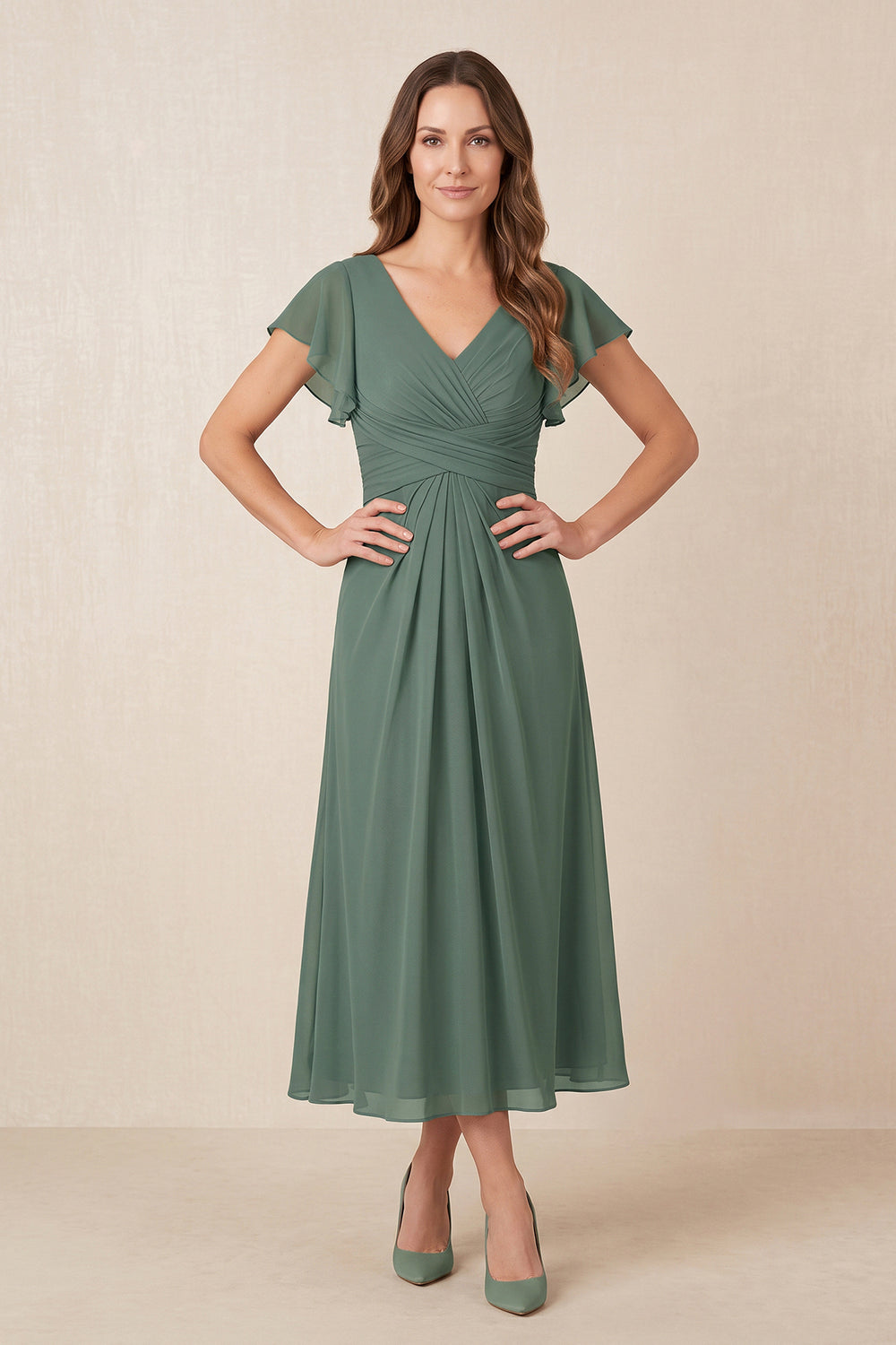 Sea Glass Mesh A-Line V-Neck Pleated Mother of the Bride Dress