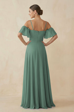 Sea Glass Off-the-Shoulder A-Line Chiffon Bridesmaid Dress (2) | KISSBRIDAL