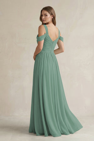 Sea Glass Off-the-Shoulder A-Line Chiffon Bridesmaid Dress With Slit (2) | KISSBRIDAL