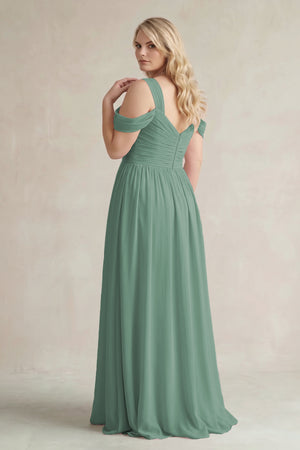 Sea Glass Off-the-Shoulder A-Line Chiffon Bridesmaid Dress With Slit (2) | KISSBRIDAL