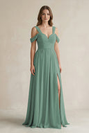 Sea Glass Off-the-Shoulder A-Line Chiffon Bridesmaid Dress With Slit | KISSBRIDAL