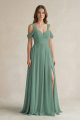 Sea Glass Off-the-Shoulder A-Line Chiffon Bridesmaid Dress With Slit | KISSBRIDAL