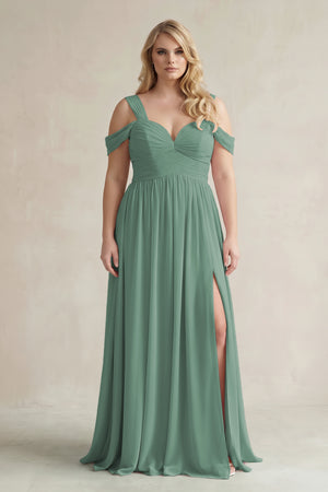 Sea Glass Off-the-Shoulder A-Line Chiffon Bridesmaid Dress With Slit | KISSBRIDAL