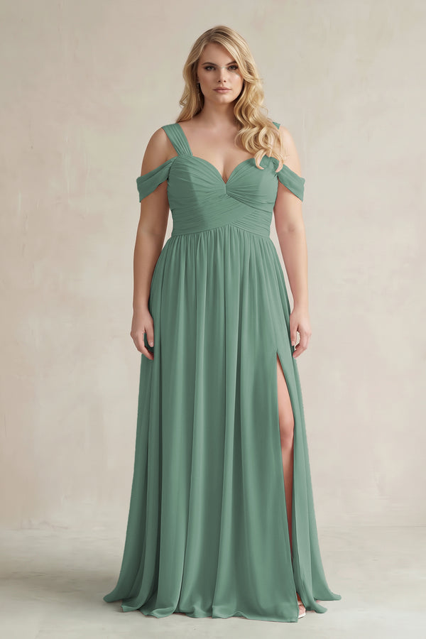 Sea Glass Off-the-Shoulder A-Line Chiffon Bridesmaid Dress With Slit | KISSBRIDAL