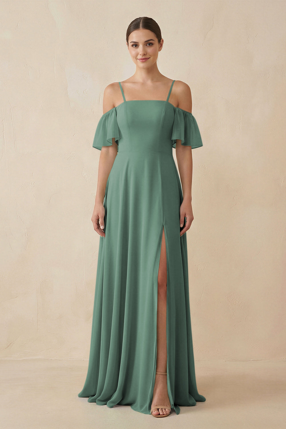 Off-the-Shoulder A-Line Chiffon Bridesmaid Dress in Sea Glass