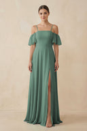 Sea Glass Off-the-Shoulder A-Line Chiffon Bridesmaid Dress | KISSBRIDAL