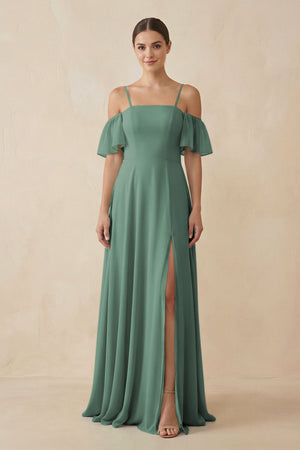 Sea Glass Off-the-Shoulder A-Line Chiffon Bridesmaid Dress | KISSBRIDAL