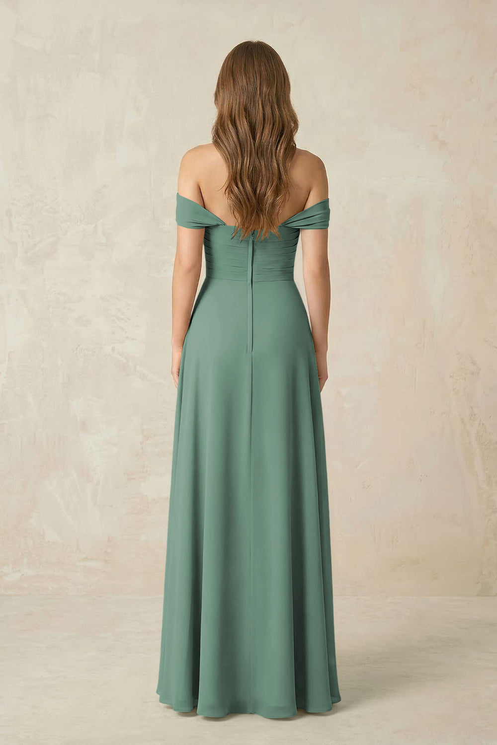Off-the-Shoulder A-Line Chiffon Pleated Bridesmaid Dress in Sea Glass