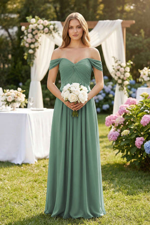 Sea Glass Off-the-Shoulder A-Line Chiffon Pleated Bridesmaid Dress (4) | KISSBRIDAL