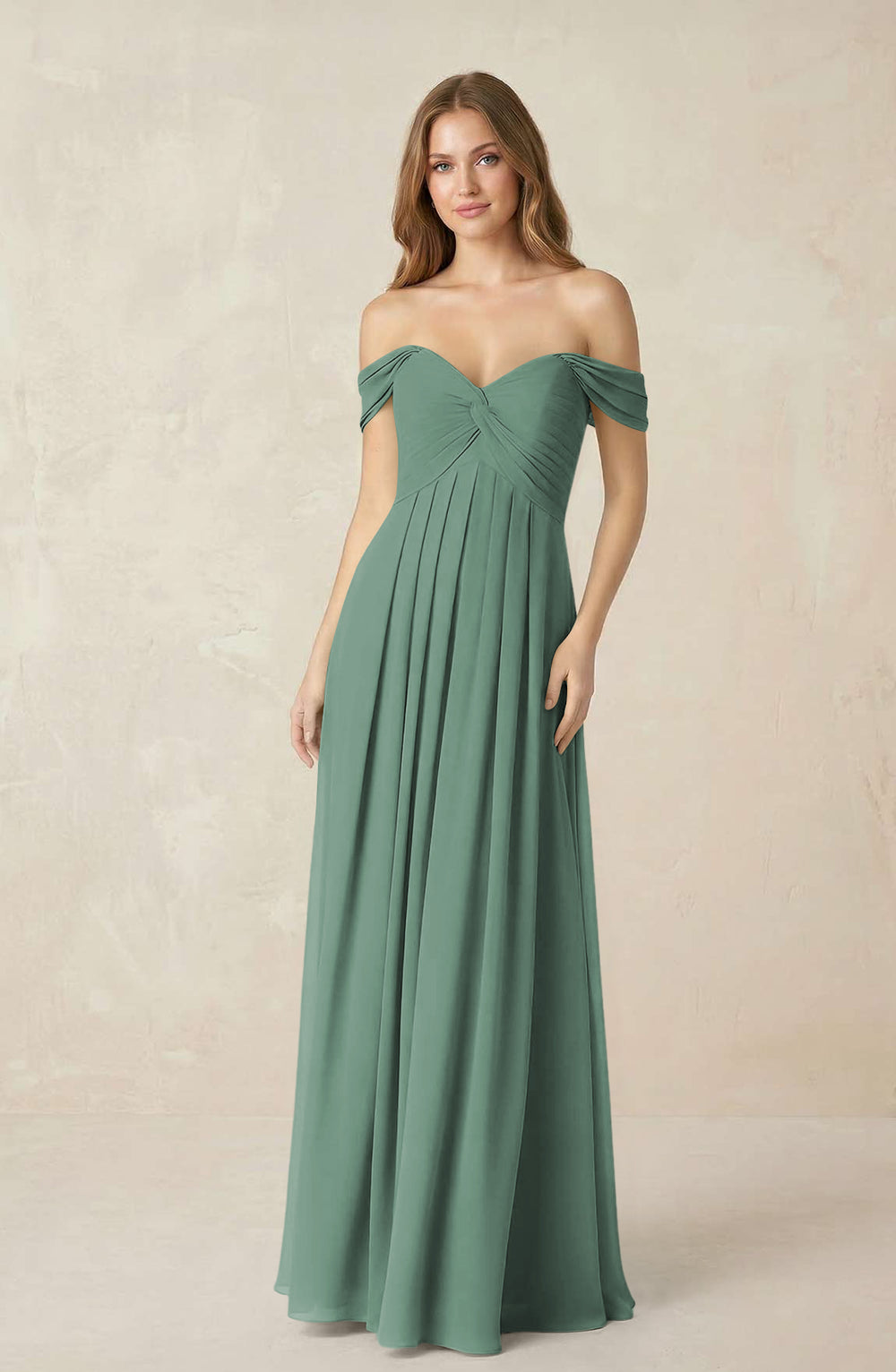 Off-the-Shoulder A-Line Chiffon Pleated Bridesmaid Dress in Sea Glass