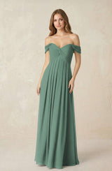 Sea Glass Off-the-Shoulder A-Line Chiffon Pleated Bridesmaid Dress | KISSBRIDAL