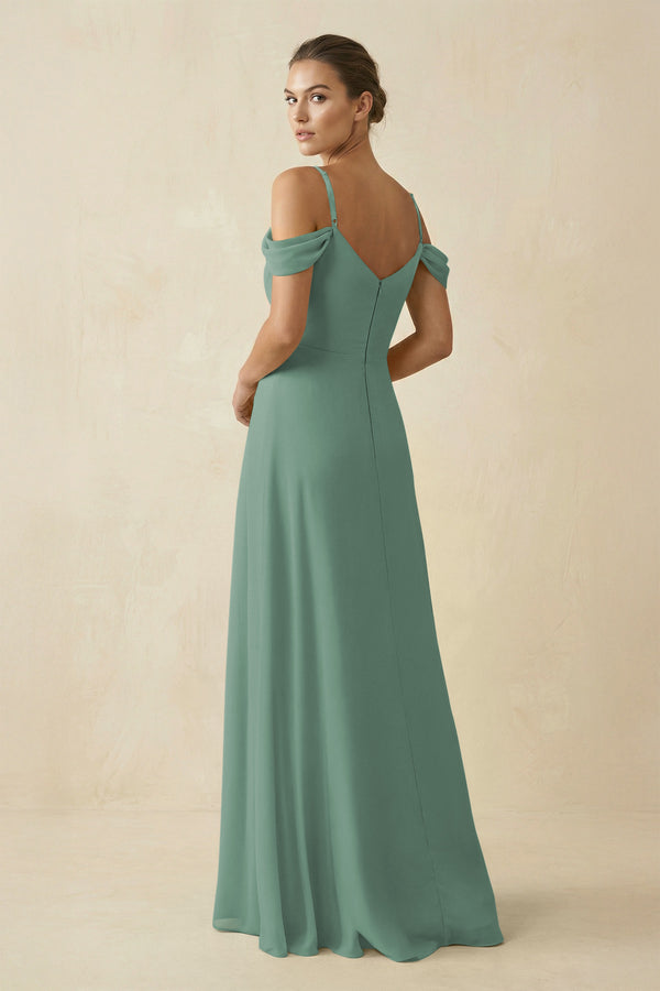 Sea Glass Off-the-Shoulder A-Line Pleated Chiffon Bridesmaid Gown (2) | KISSBRIDAL