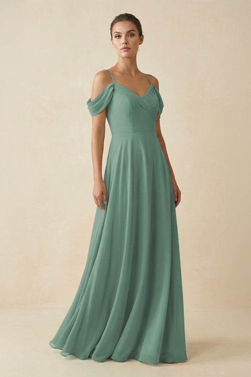 Sea Glass Off-the-Shoulder A-Line Pleated Chiffon Bridesmaid Gown | KISSBRIDAL