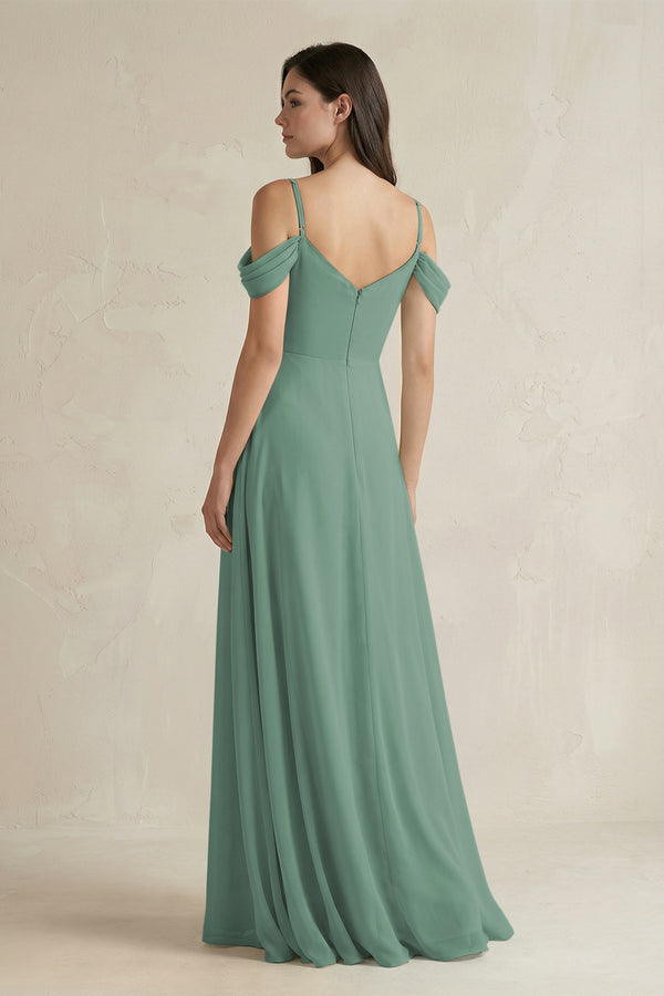 Sea Glass Off-the-Shoulder Chiffon A-Line Bridesmaid Dress (2) | KISSBRIDAL