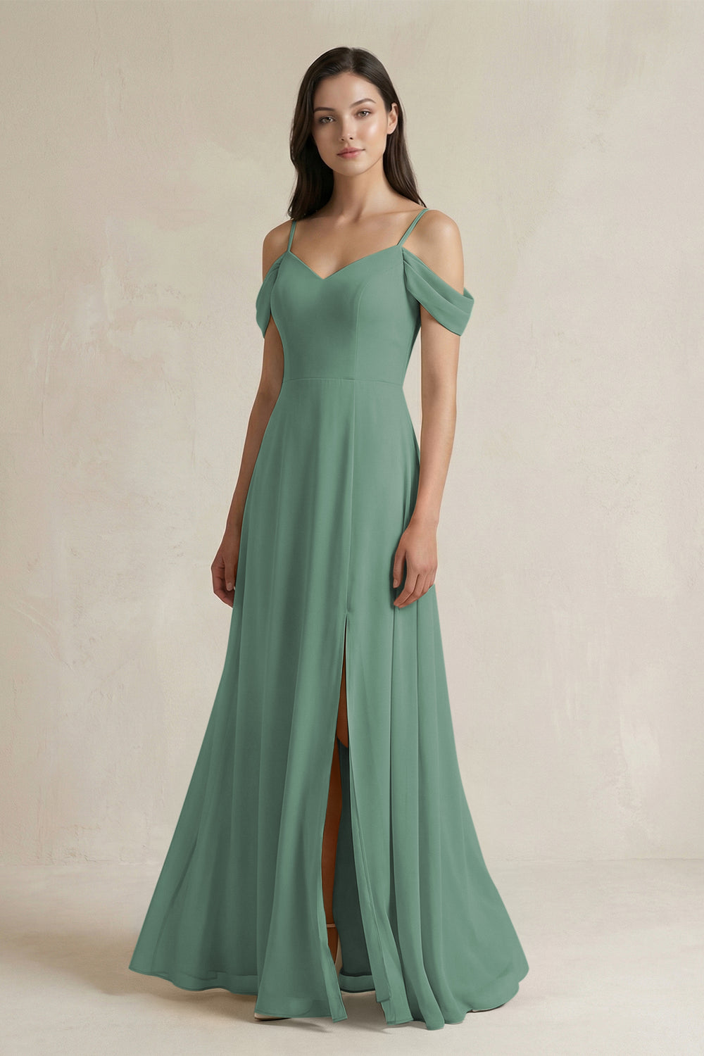 Off-the-Shoulder Chiffon A-Line Bridesmaid Dress in Sea Glass