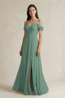 Sea Glass Off-the-Shoulder Chiffon A-Line Bridesmaid Dress | KISSBRIDAL