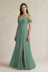 Sea Glass Off-the-Shoulder Chiffon A-Line Bridesmaid Dress | KISSBRIDAL