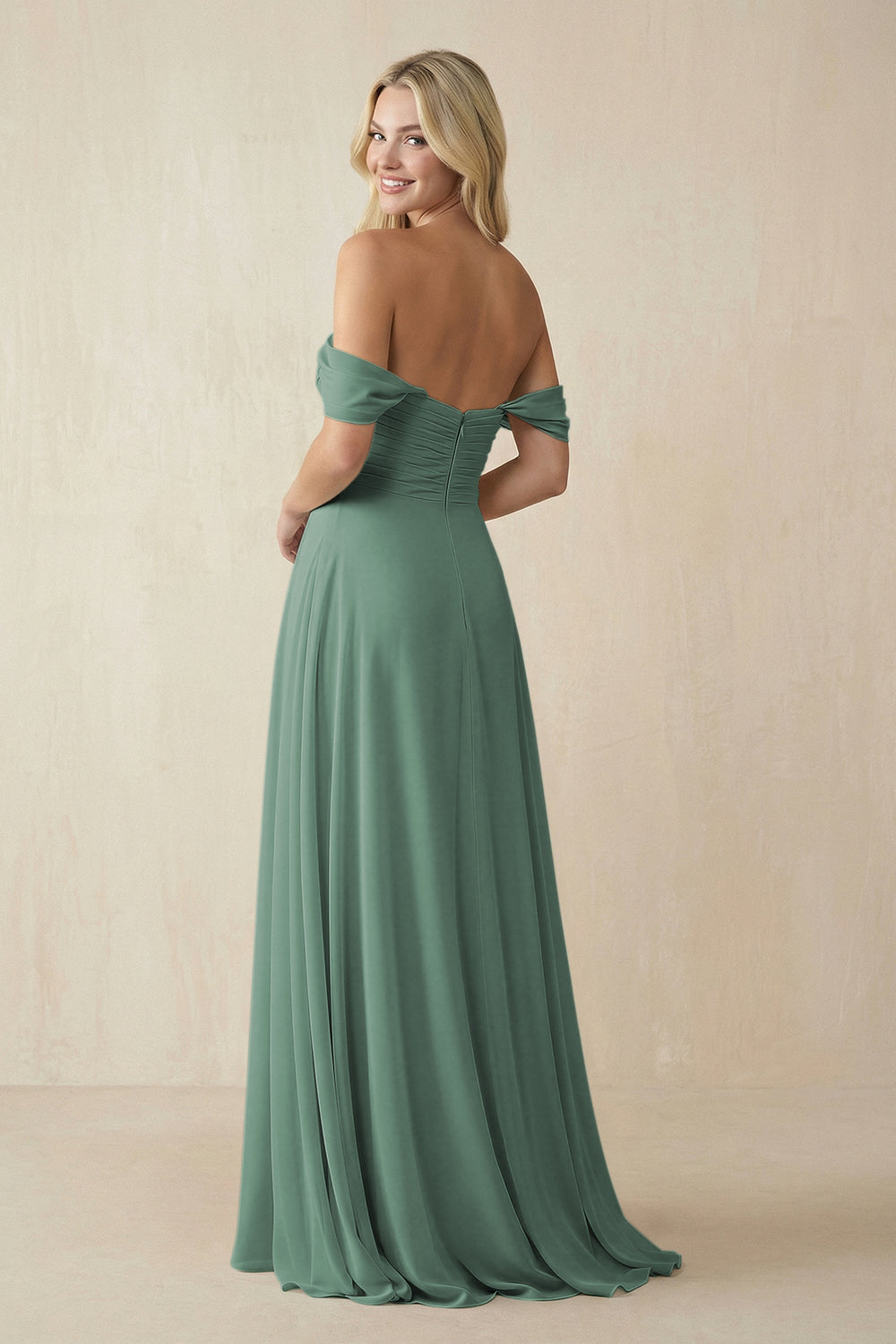 Off-the-Shoulder Chiffon A-Line Long Bridesmaid Dress in Sea Glass