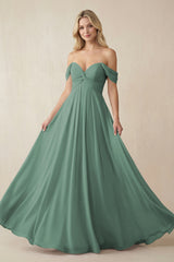 Sea Glass Off-the-Shoulder Chiffon A-Line Long Bridesmaid Dress | KISSBRIDAL