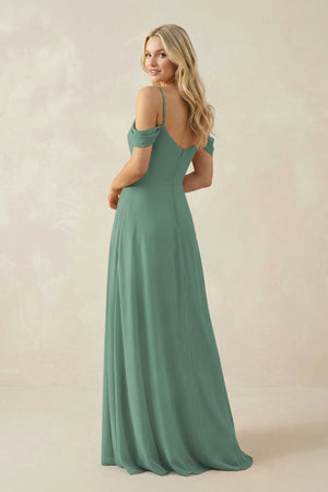 Sea Glass Off-the-Shoulder Chiffon A-Line Maxi Bridesmaid Dress (2) | KISSBRIDAL