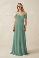 Sea Glass Off-the-Shoulder Chiffon A-Line Maxi Bridesmaid Dress | KISSBRIDAL