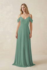 Sea Glass Off-the-Shoulder Chiffon A-Line Maxi Bridesmaid Dress | KISSBRIDAL